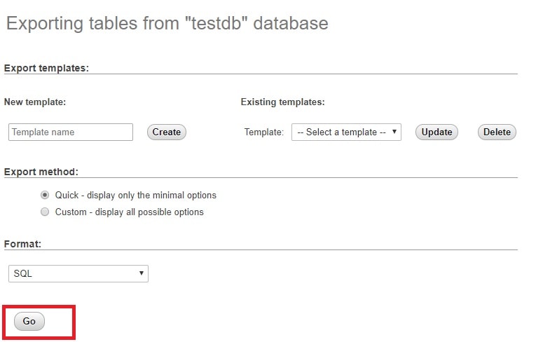 phpMyAdmin selecting format and exporting database