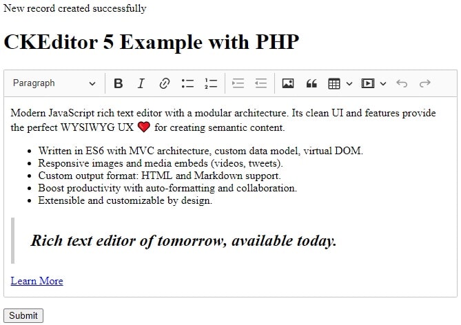 PHP CKEditor Example
