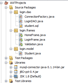 Project Explorer for login form in java with database connectivity