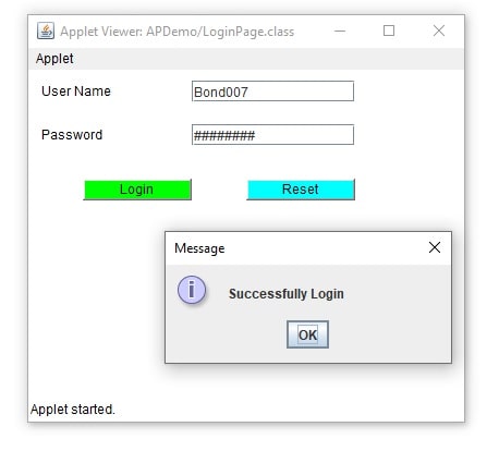 Login page in awt applet success