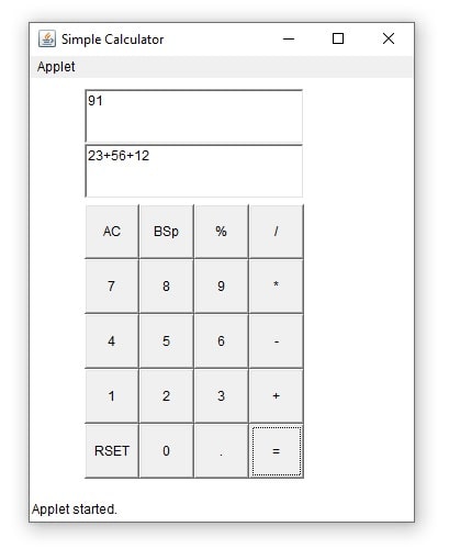 Simple Calculator in Java Applet